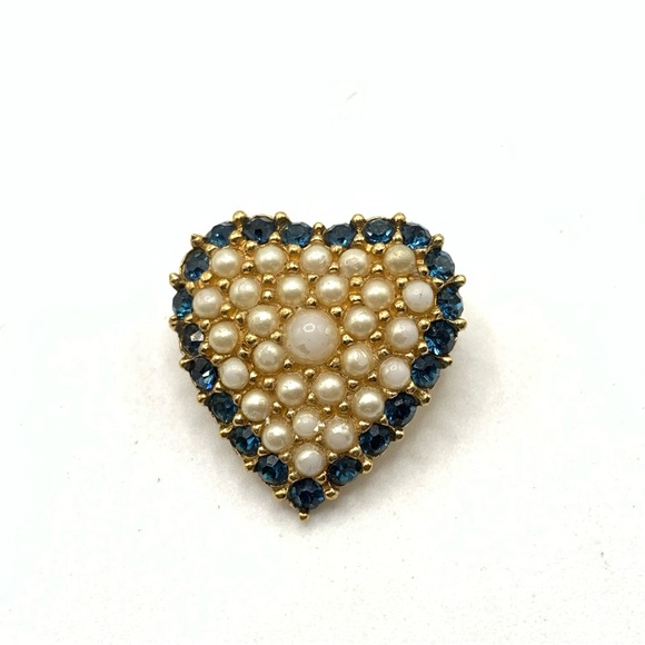 Vintage Signed Ciner Heart-Shaped Faux Pearl and Blue rhinestone Brooch - Picture 1 of 4